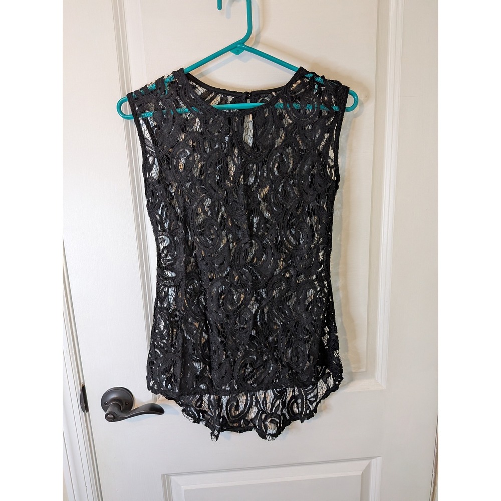 Black Floral Lace Sleeveless Blouse Sheer High‎ Low Hem Crew Neck Top Womens